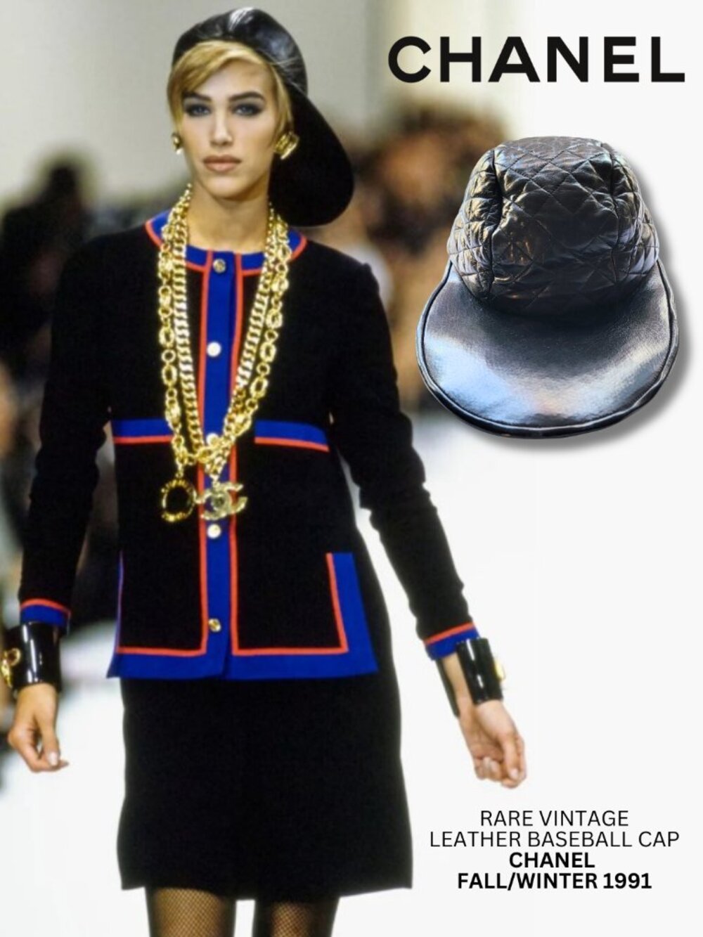 CHANEL Rare Hip Hop Quilted Black Leather Baseball Cap Hat Karl Lagerfeld 1991